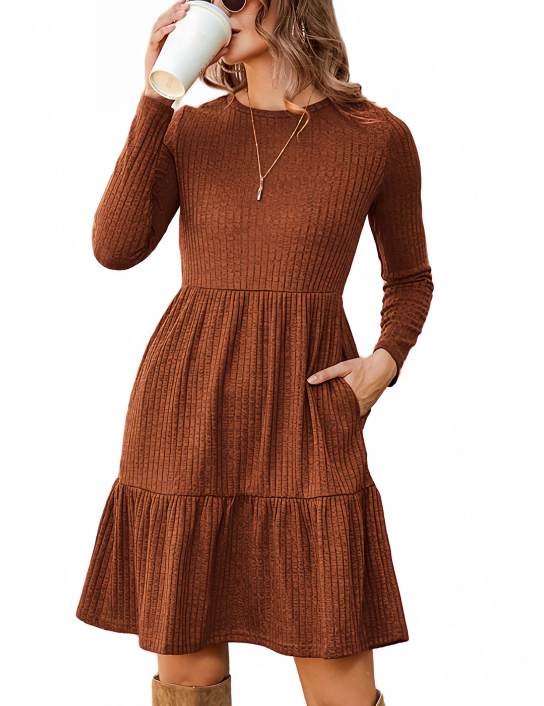 Lakelyn Vestito Donna Autunno – Maniche Lunghe, Collo Tondo & Tasche con Linea A Elegante