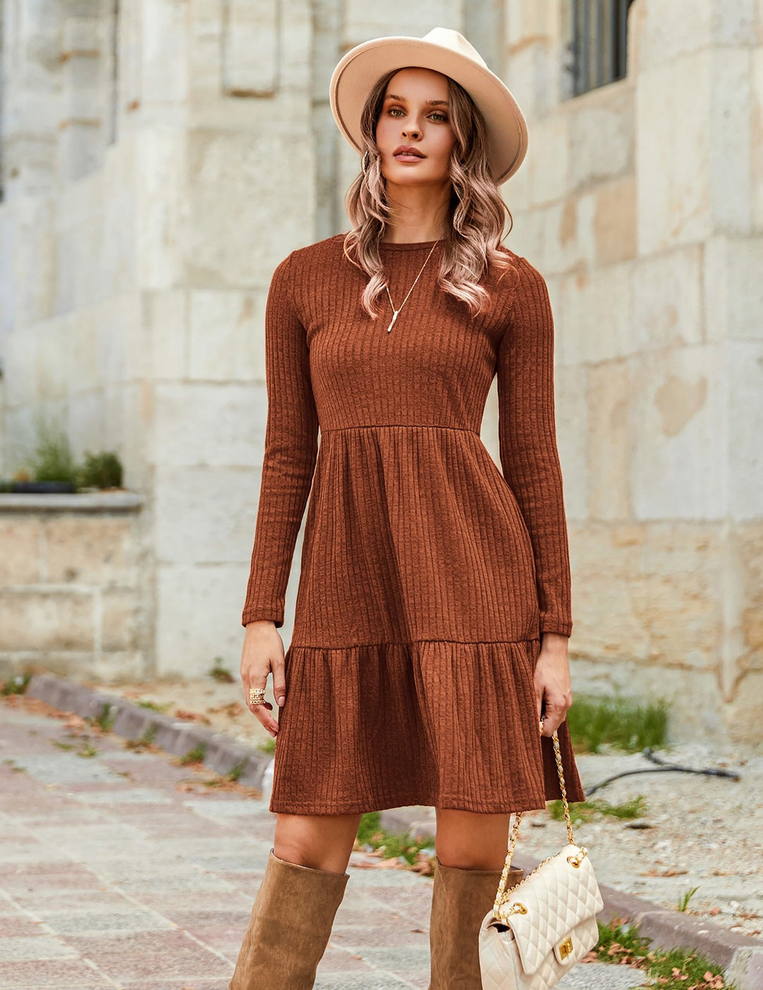Lakelyn Vestito Donna Autunno – Maniche Lunghe, Collo Tondo & Tasche con Linea A Elegante