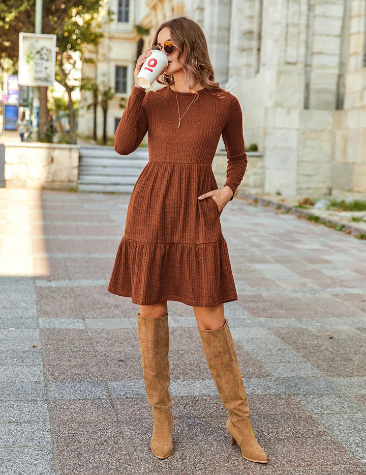 Lakelyn Vestito Donna Autunno – Maniche Lunghe, Collo Tondo & Tasche con Linea A Elegante