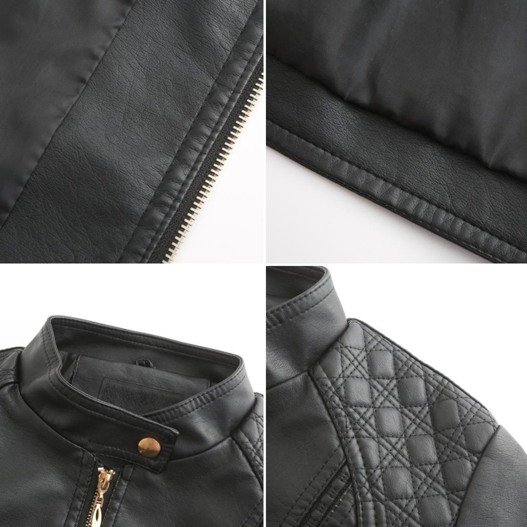 Carla Giacca Biker Donna Cropped – Bunda z ekologické kůže s vysokým límcem a prošívanými detaily