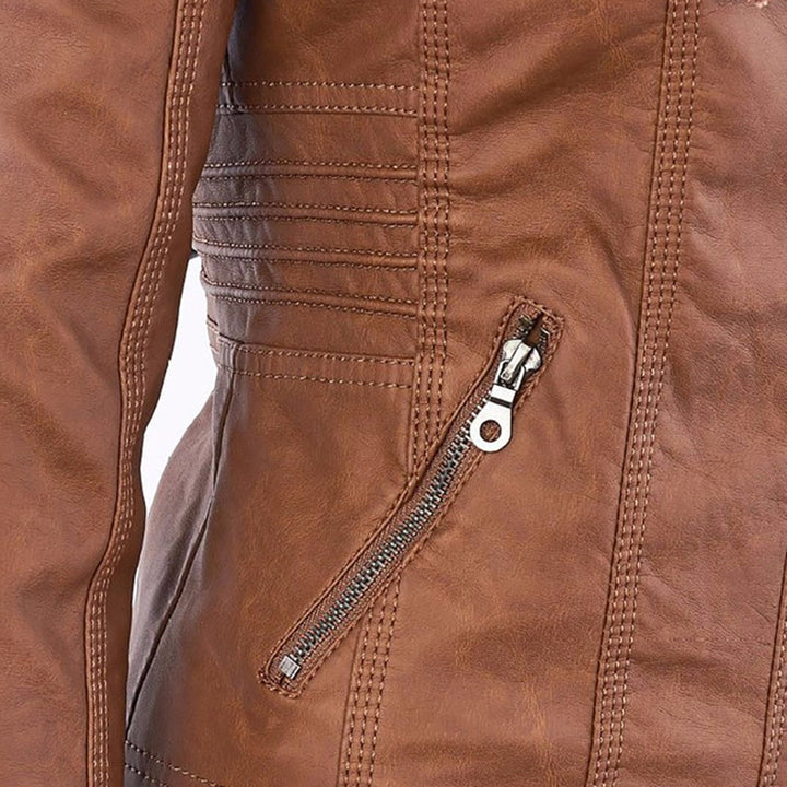 Lässige Lederjacke mit Kapuze und Reißverschluss für Damen | Lange Ärmel