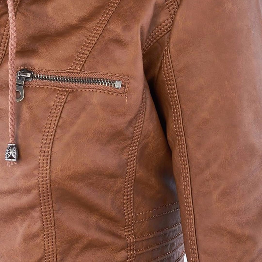 Lässige Lederjacke mit Kapuze und Reißverschluss für Damen | Lange Ärmel