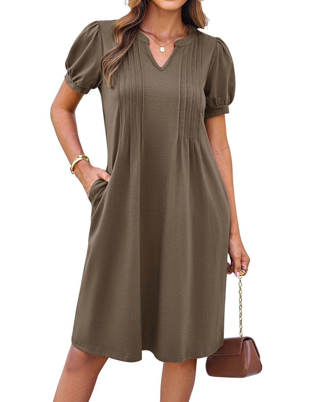 Giada Vestito Midi Donna – Scollo Henley a V, Maniche Corte & A-Line con Tasche