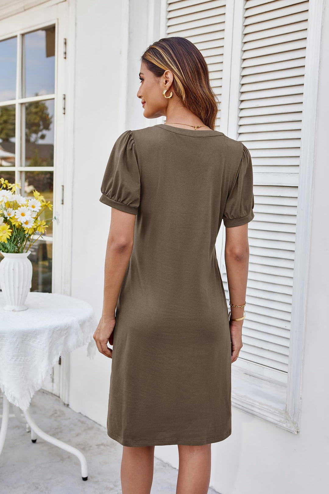 Giada Vestito Midi Donna – Scollo Henley a V, Maniche Corte & A-Line con Tasche
