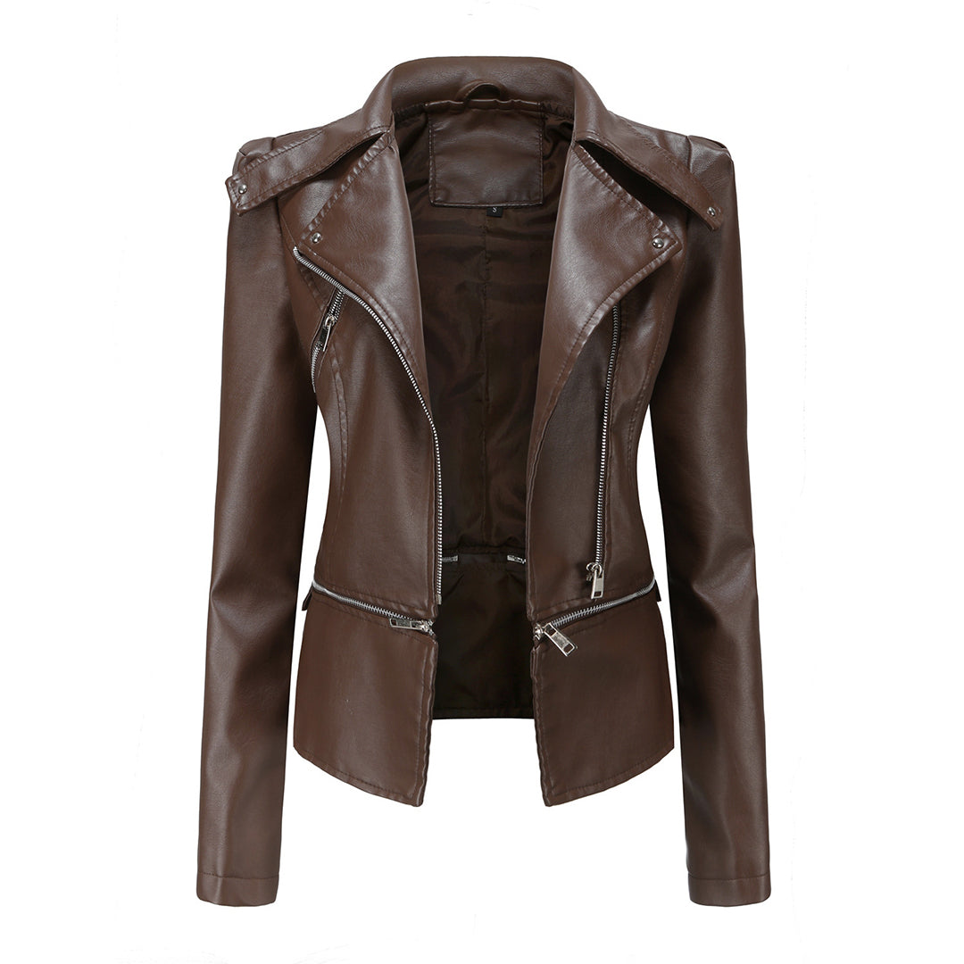Giacca In Pelle Alla Moda A Maniche Lunghe Per Donna | Dettaglio Zip