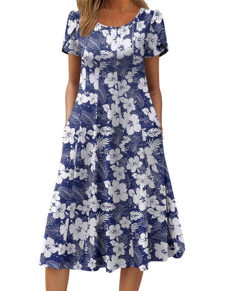 Belle robe midi femme – col rond, manches bouffantes et poches, ligne A élégante