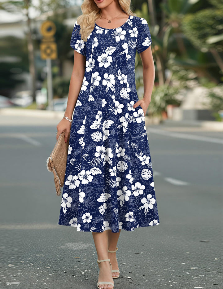 Belle robe midi femme – col rond, manches bouffantes et poches, ligne A élégante