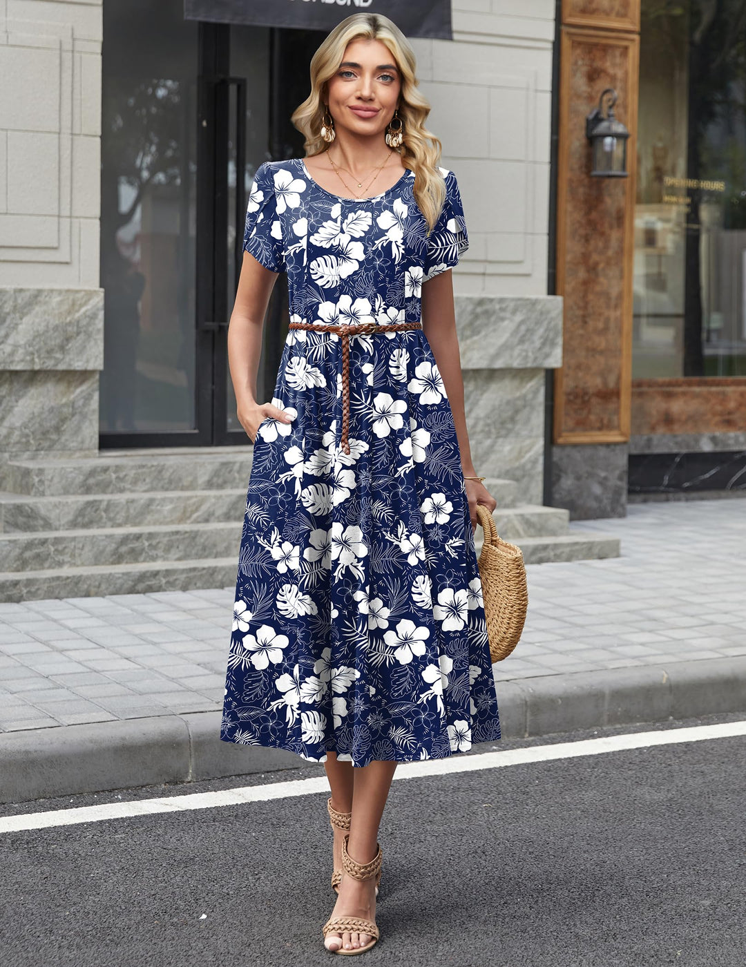 Belle robe midi femme – col rond, manches bouffantes et poches, ligne A élégante