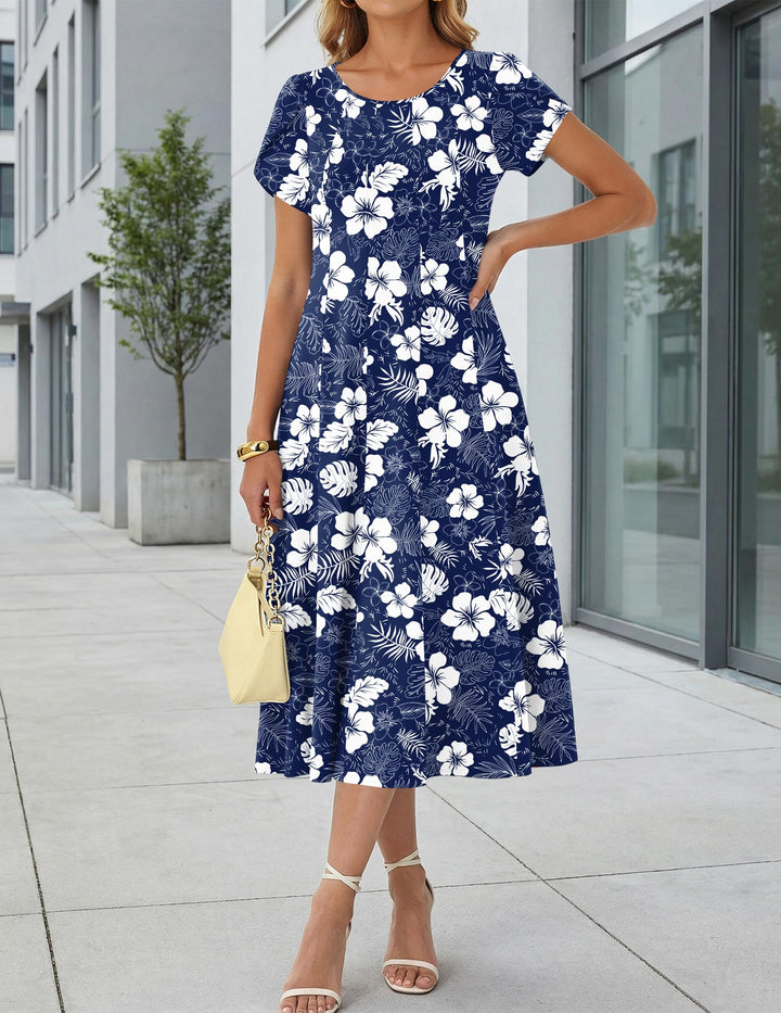 Belle robe midi femme – col rond, manches bouffantes et poches, ligne A élégante