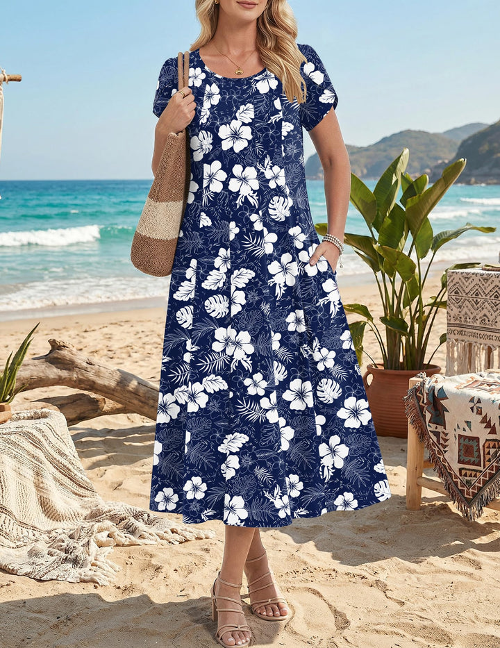 Belle robe midi femme – col rond, manches bouffantes et poches, ligne A élégante