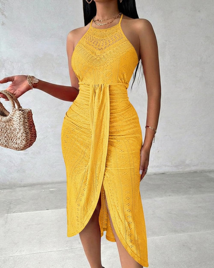 Arla Damen Maxi-Kleid – Neckholder, Sangallo-Stickerei & Eleganter Seitenschlitz für den Sommer