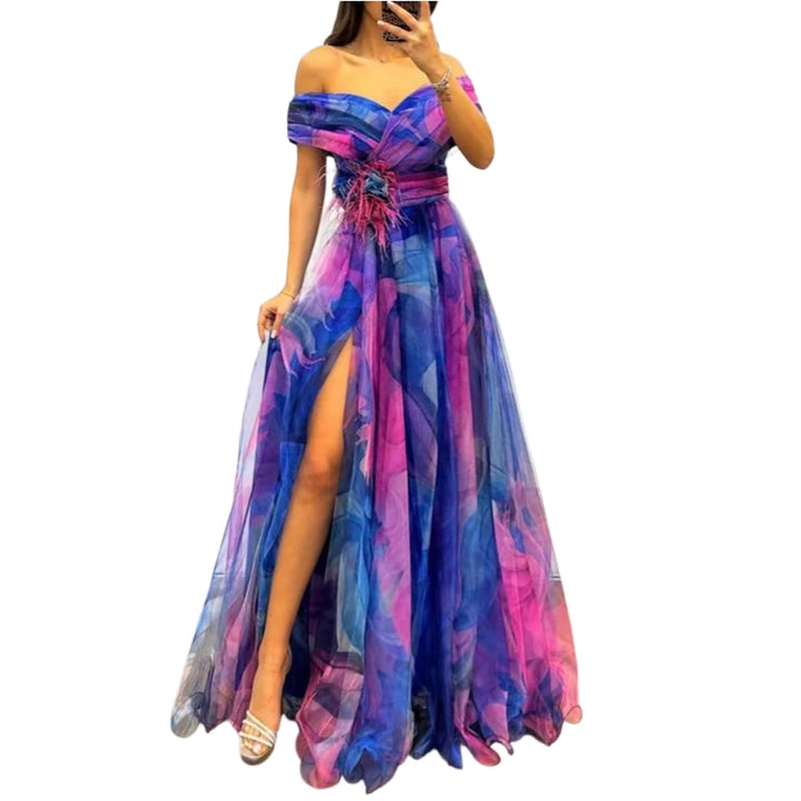 Evania Abito Elegante Donna – Spalle Scoperte, Tulle A-Line & Spacco Maxi da Sera