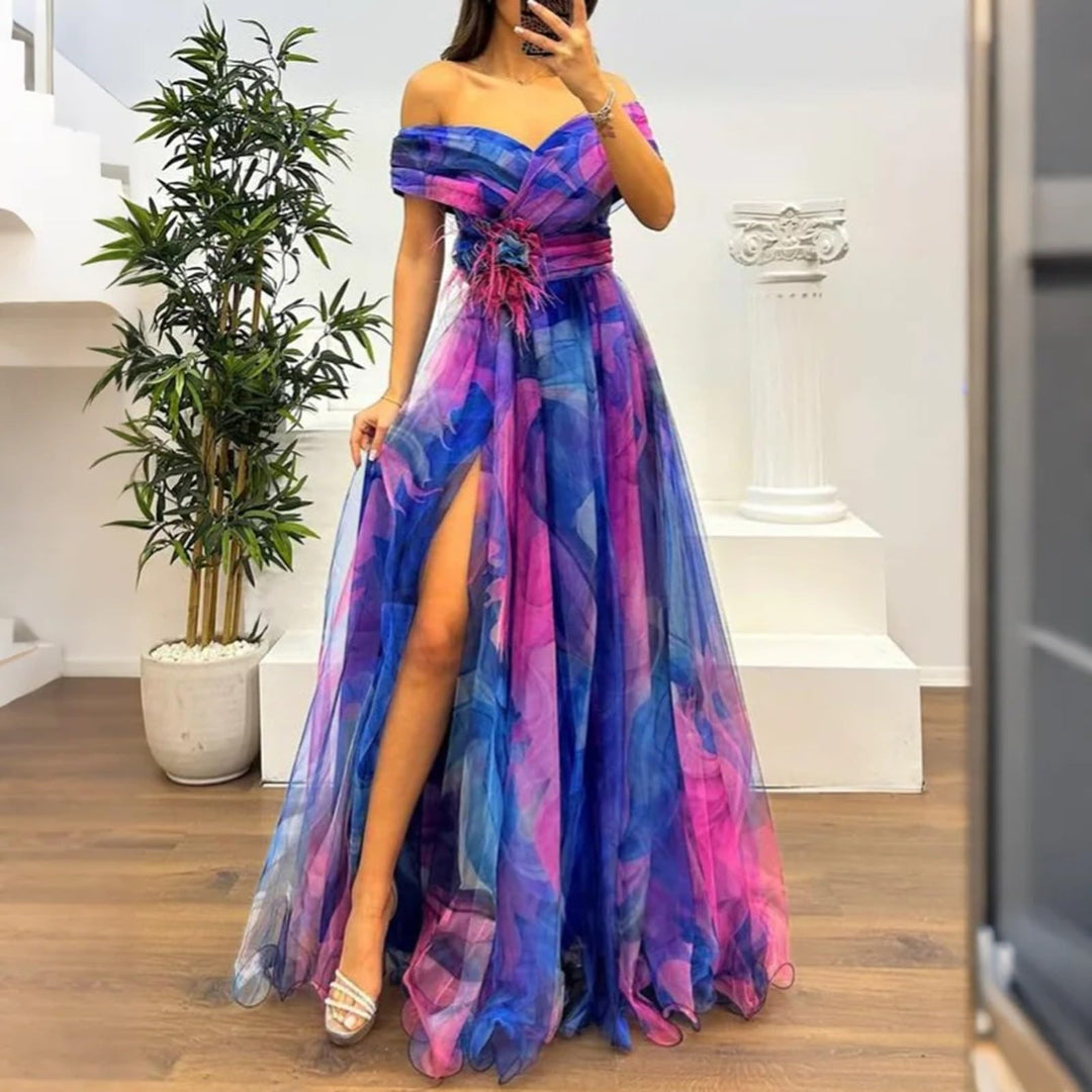 Evania Abito Elegante Donna – Spalle Scoperte, Tulle A-Line & Spacco Maxi da Sera