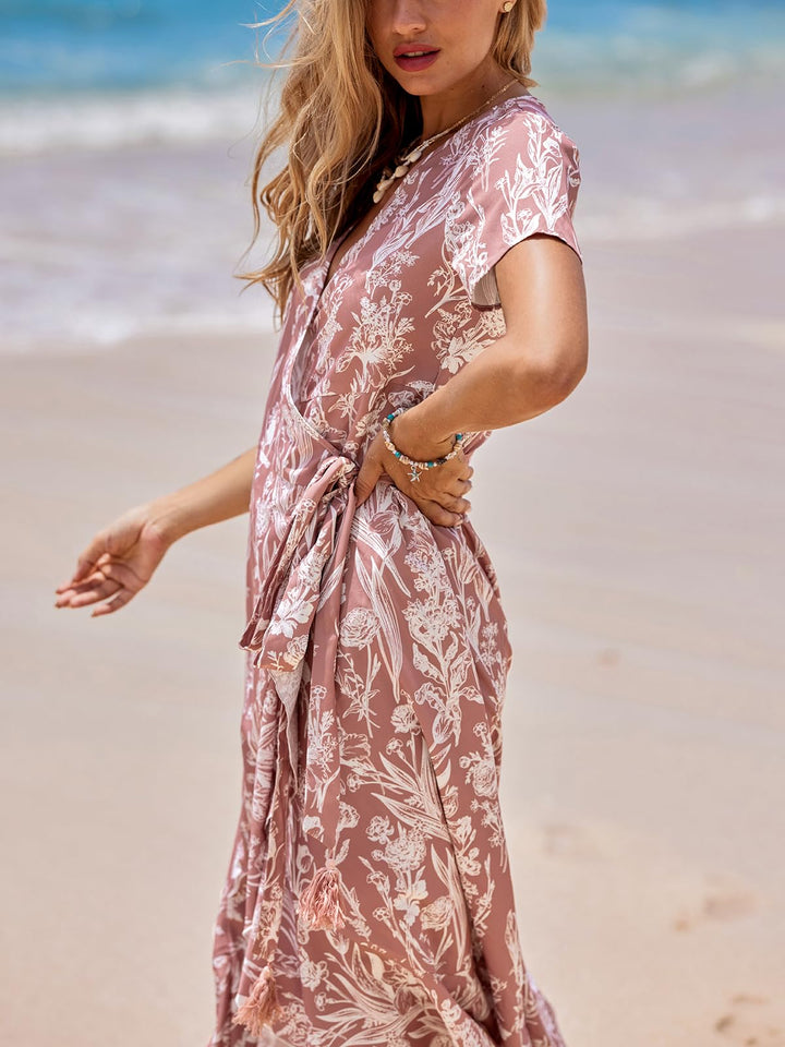 Zara Maxikleid Damen – V-Ausschnitt, Volant-Ärmel mit Cold Shoulder & Asymmetrischer Saum