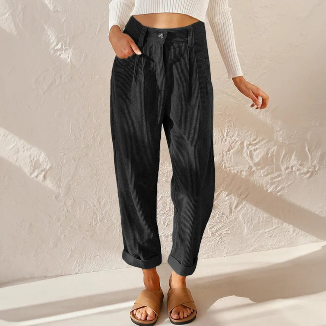 Pantaloni comozi din catifea cu dungi pentru femei | Talie înaltă