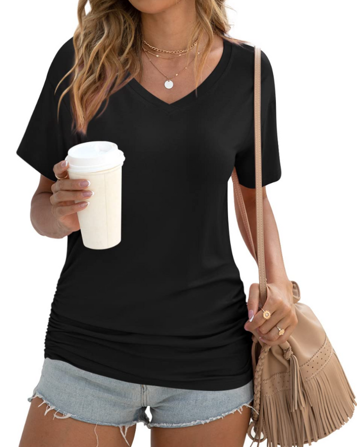 Elara Top Donna – Scollo a V, Drappeggi Laterali & T-Shirt Casual Elegante