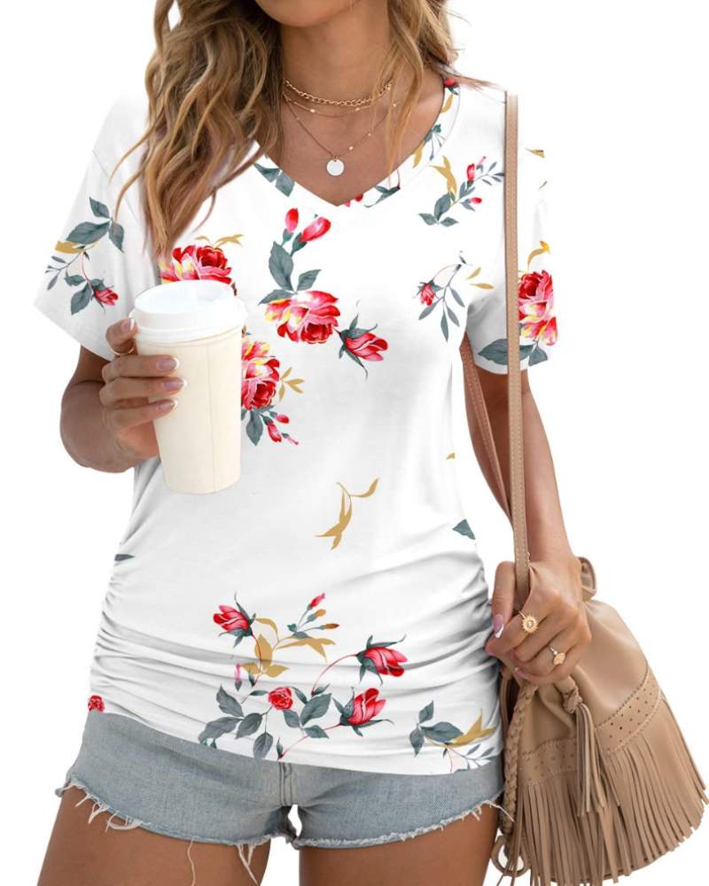 Elara Top Donna – Scollo a V, Drappeggi Laterali & T-Shirt Casual Elegante