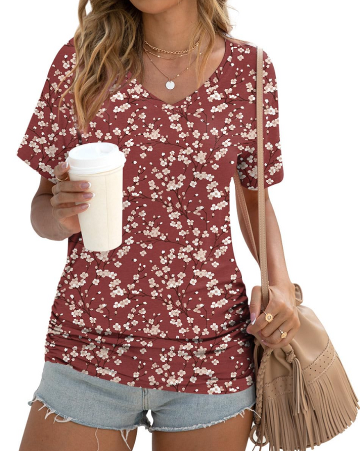 Elara Top Donna – Scollo a V, Drappeggi Laterali & T-Shirt Casual Elegante