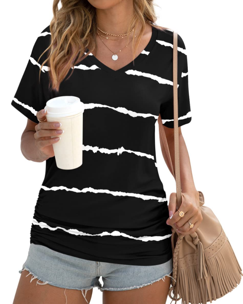 Elara Top Donna – Scollo a V, Drappeggi Laterali & T-Shirt Casual Elegante
