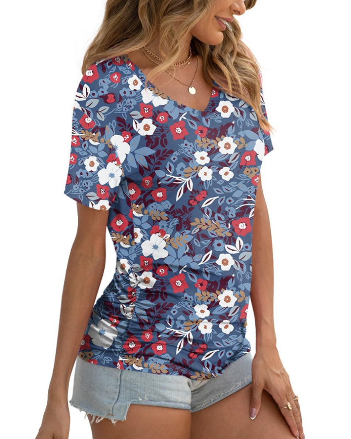Elara Top Donna – Scollo a V, Drappeggi Laterali & T-Shirt Casual Elegante