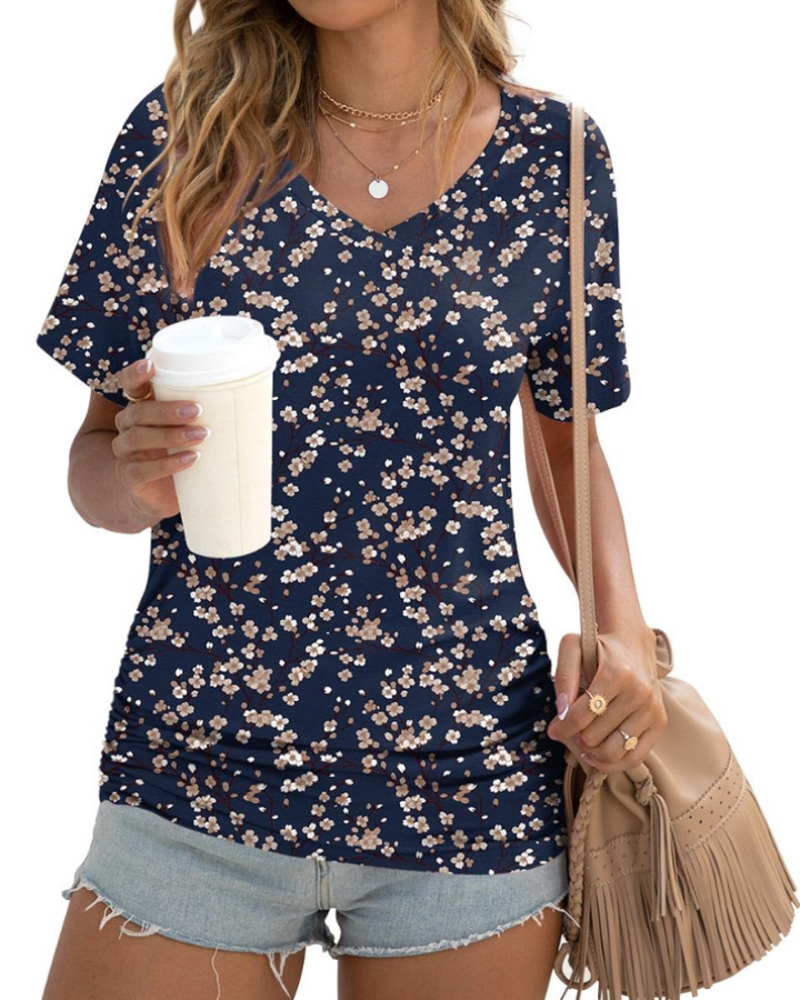 Elara Top Donna – Scollo a V, Drappeggi Laterali & T-Shirt Casual Elegante