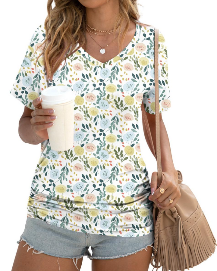Elara Top Donna – Scollo a V, Drappeggi Laterali & T-Shirt Casual Elegante