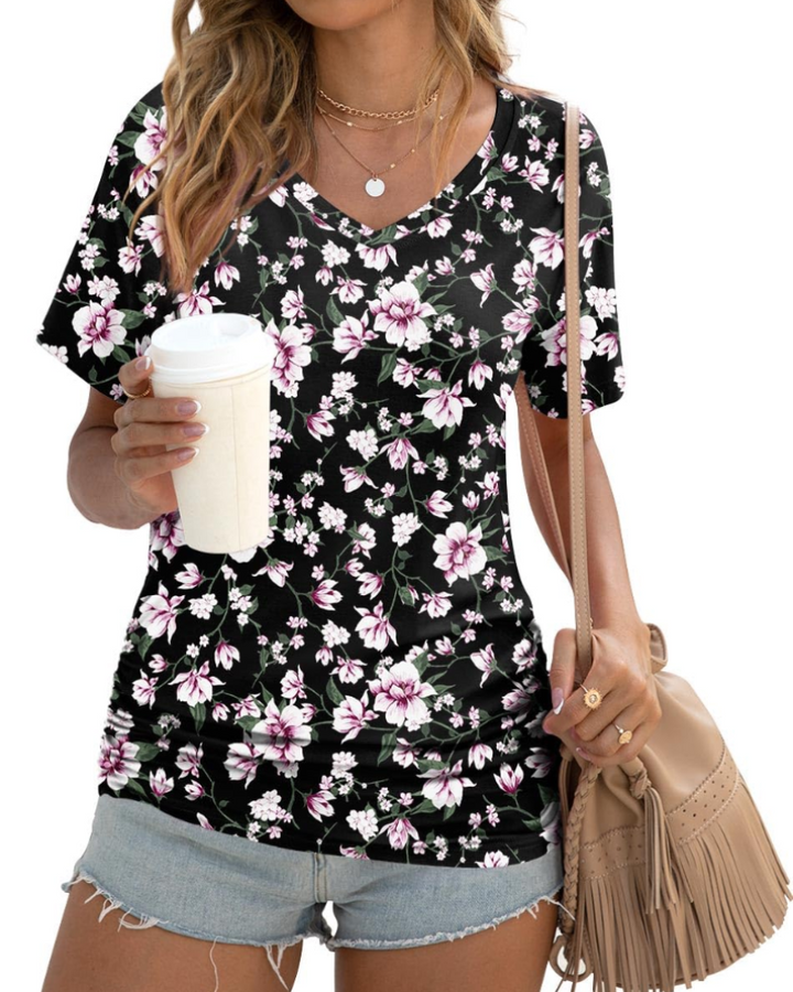 Elara Top Donna – Scollo a V, Drappeggi Laterali & T-Shirt Casual Elegante