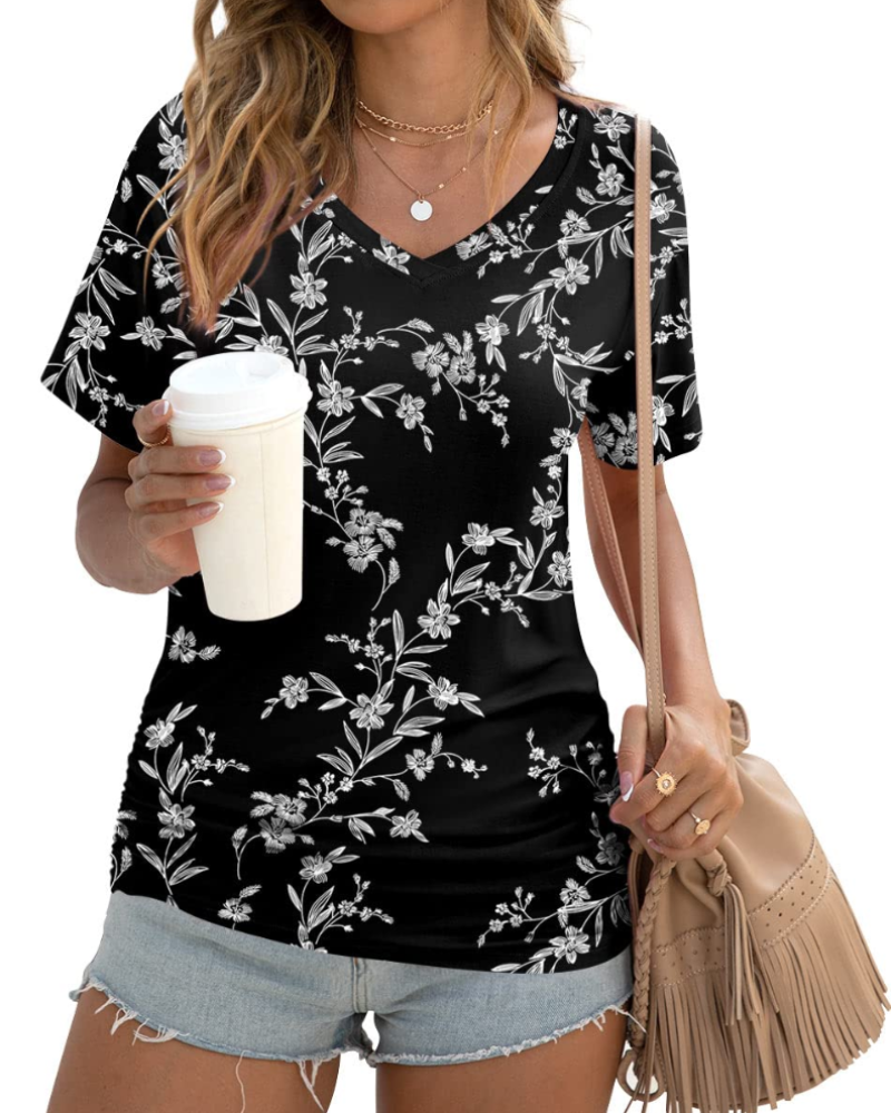 Elara Top Donna – Scollo a V, Drappeggi Laterali & T-Shirt Casual Elegante