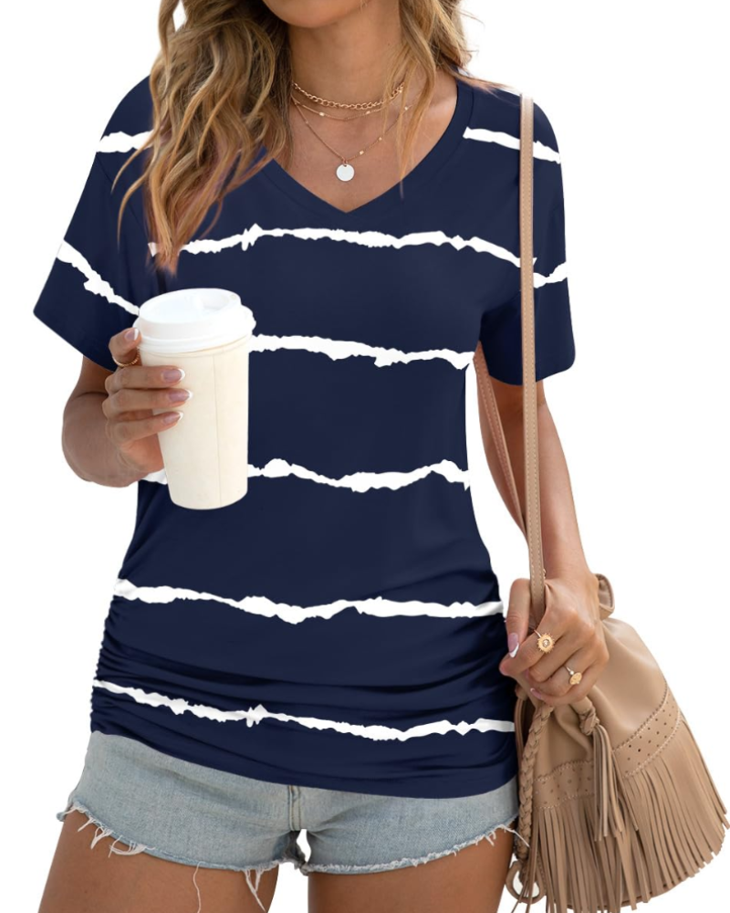 Elara Top Donna – Scollo a V, Drappeggi Laterali & T-Shirt Casual Elegante