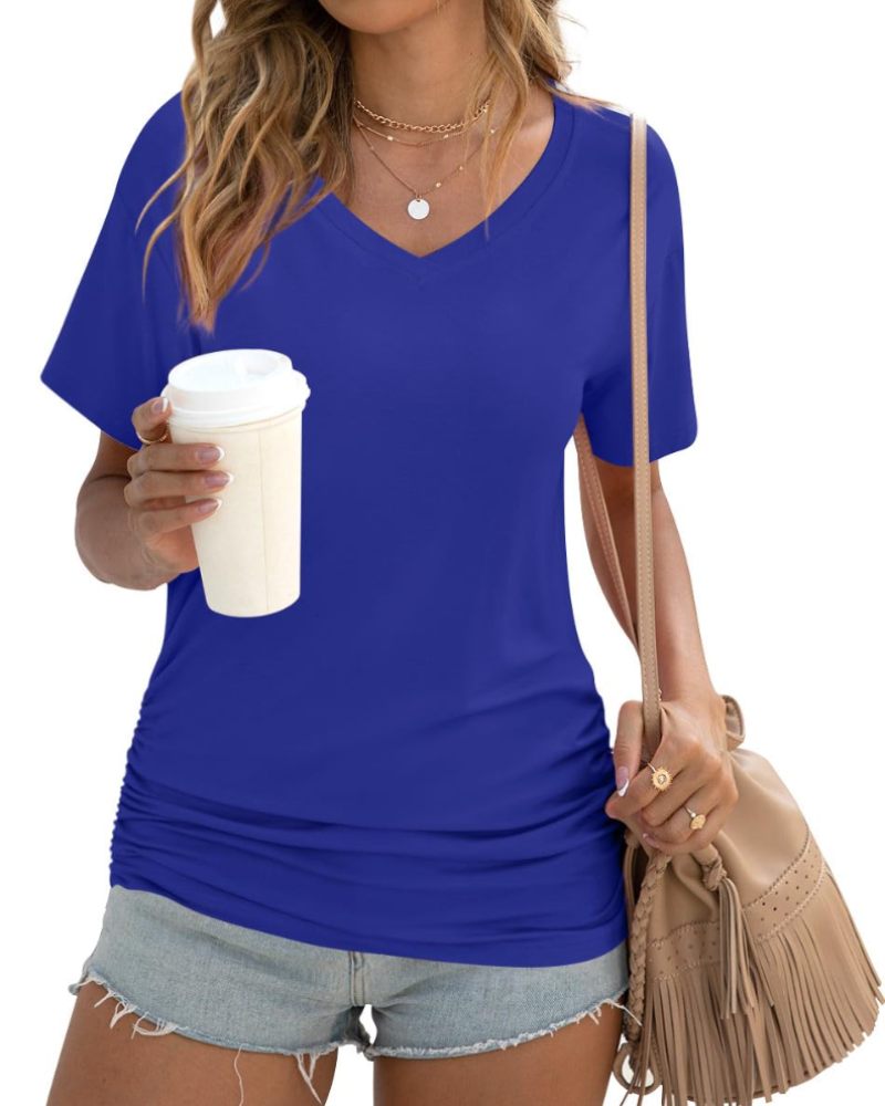 Elara Top Donna – Scollo a V, Drappeggi Laterali & T-Shirt Casual Elegante