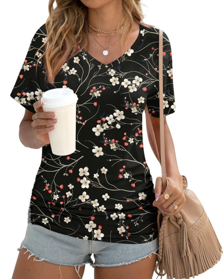 Elara Top Donna – Scollo a V, Drappeggi Laterali & T-Shirt Casual Elegante