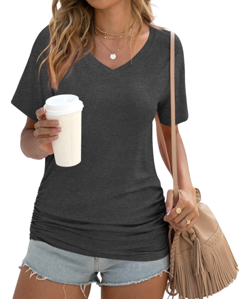 Elara Top Donna – Scollo a V, Drappeggi Laterali & T-Shirt Casual Elegante