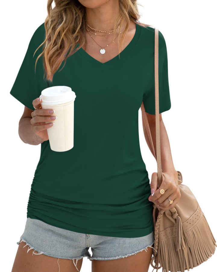 Elara Top Donna – Scollo a V, Drappeggi Laterali & T-Shirt Casual Elegante