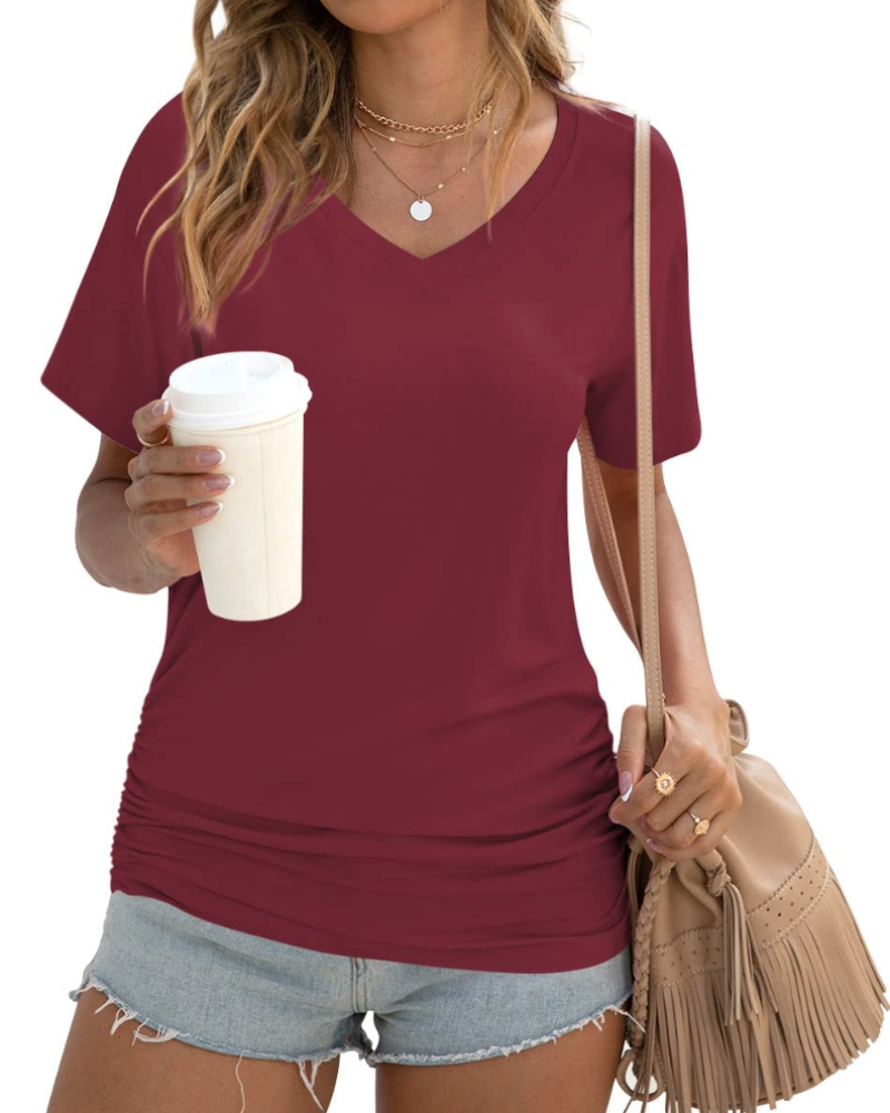 Elara Top Donna – Scollo a V, Drappeggi Laterali & T-Shirt Casual Elegante