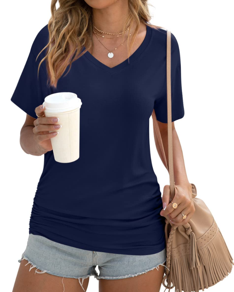 Elara Top Donna – Scollo a V, Drappeggi Laterali & T-Shirt Casual Elegante