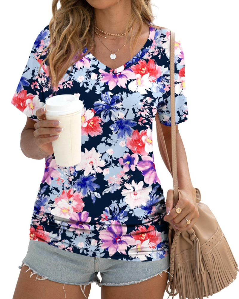 Elara Top Donna – Scollo a V, Drappeggi Laterali & T-Shirt Casual Elegante