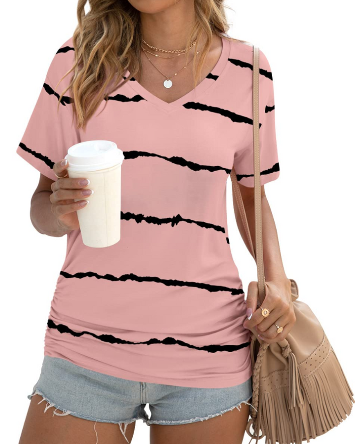 Elara Top Donna – Scollo a V, Drappeggi Laterali & T-Shirt Casual Elegante