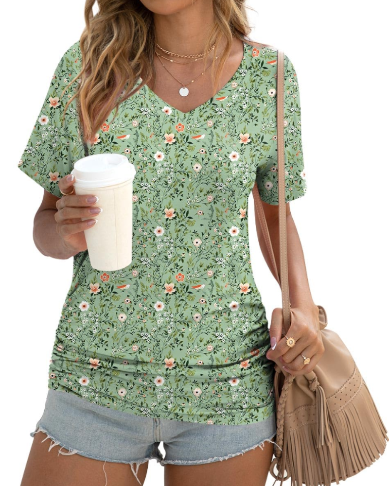 Elara Top Donna – Scollo a V, Drappeggi Laterali & T-Shirt Casual Elegante