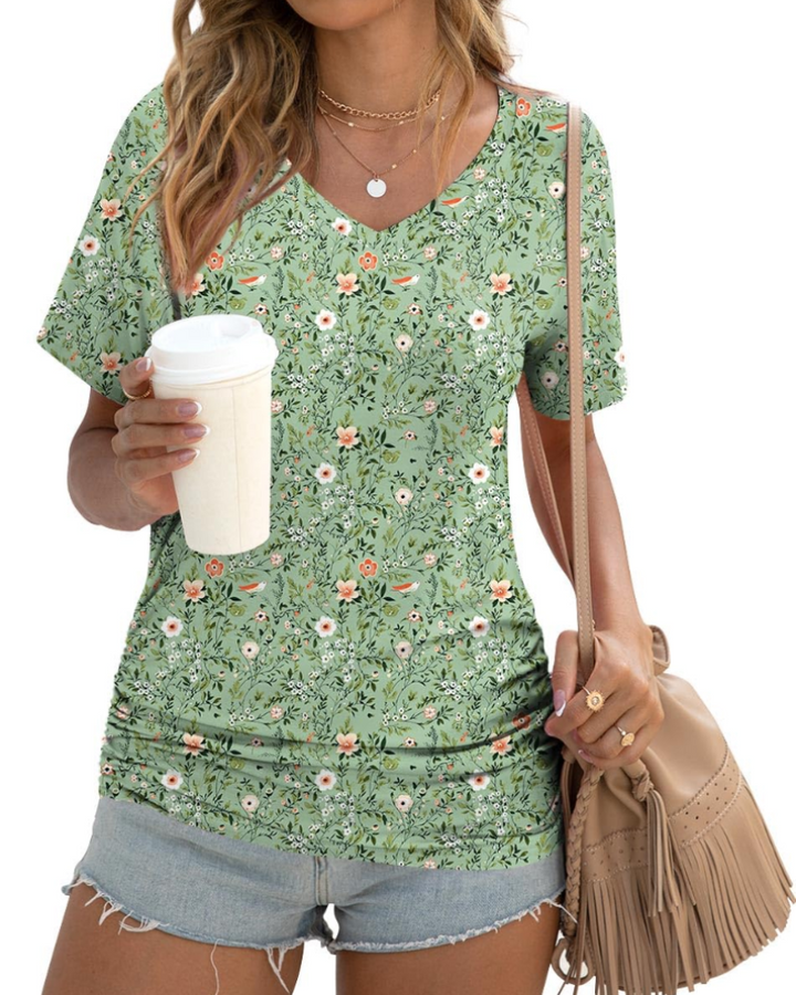 Elara Top Donna – Scollo a V, Drappeggi Laterali & T-Shirt Casual Elegante