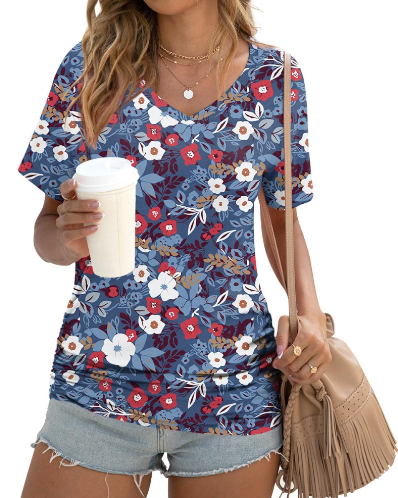 Elara Top Donna – Scollo a V, Drappeggi Laterali & T-Shirt Casual Elegante
