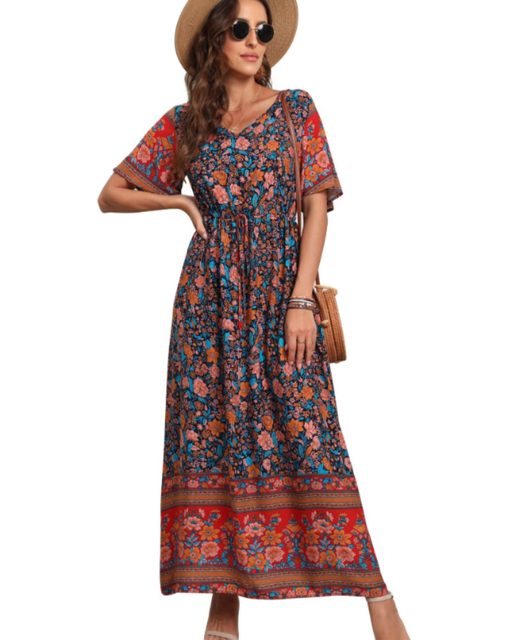 Elnora Vestito Maxi Boho Donna – Scollo a V, Coulisse in Vita & Abito Floreale Fluido