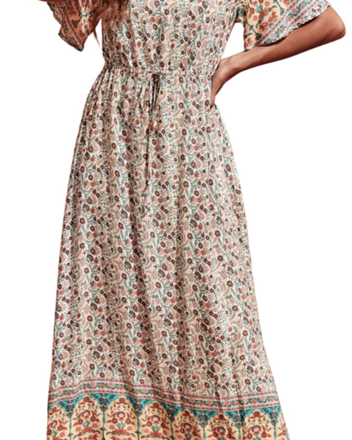 Elnora Vestito Maxi Boho Donna – Scollo a V, Coulisse in Vita & Abito Floreale Fluido