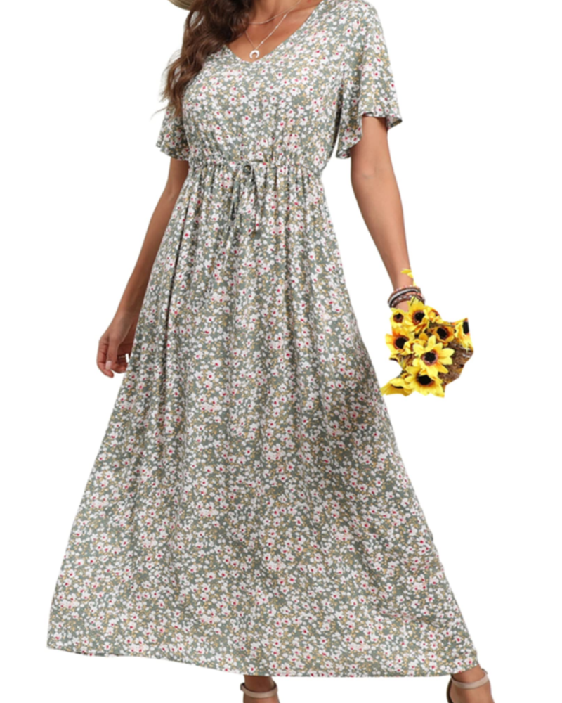 Elnora Vestito Maxi Boho Donna – Scollo a V, Coulisse in Vita & Abito Floreale Fluido