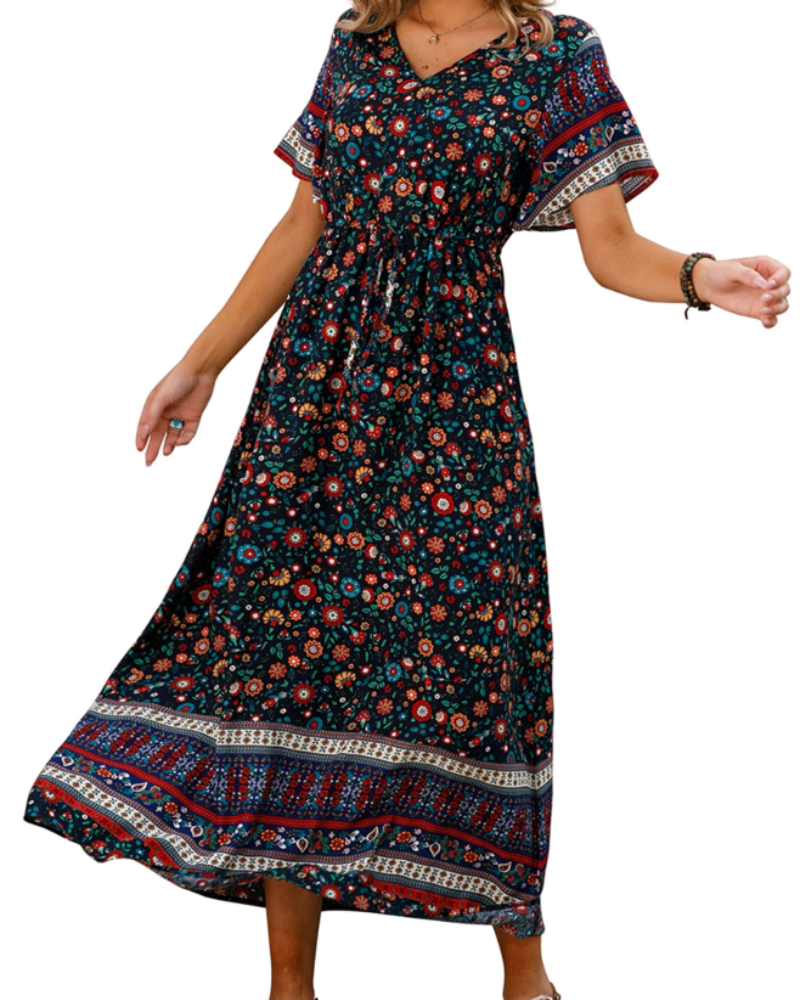 Elnora Vestito Maxi Boho Donna – Scollo a V, Coulisse in Vita & Abito Floreale Fluido