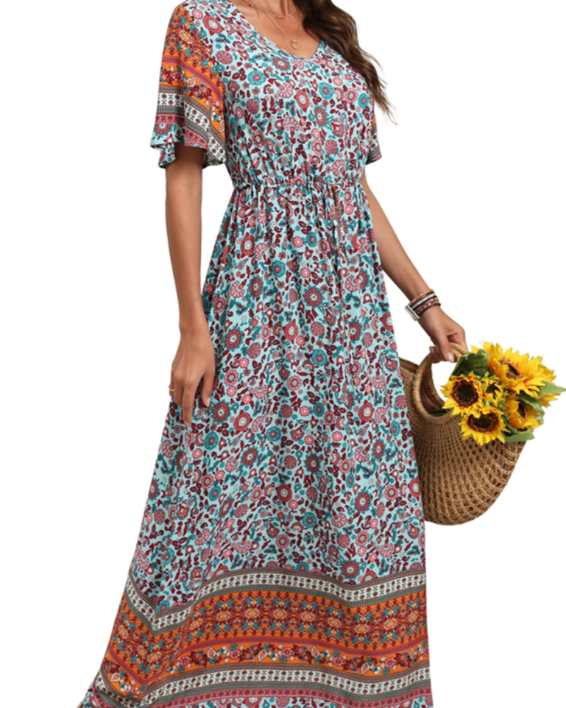Elnora Vestito Maxi Boho Donna – Scollo a V, Coulisse in Vita & Abito Floreale Fluido