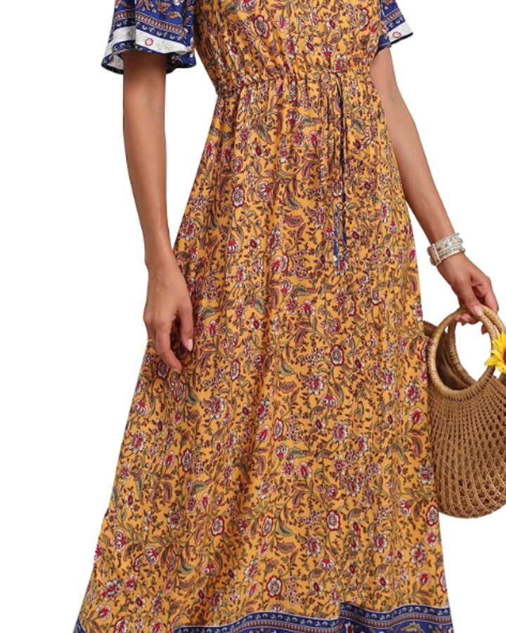 Elnora Vestito Maxi Boho Donna – Scollo a V, Coulisse in Vita & Abito Floreale Fluido