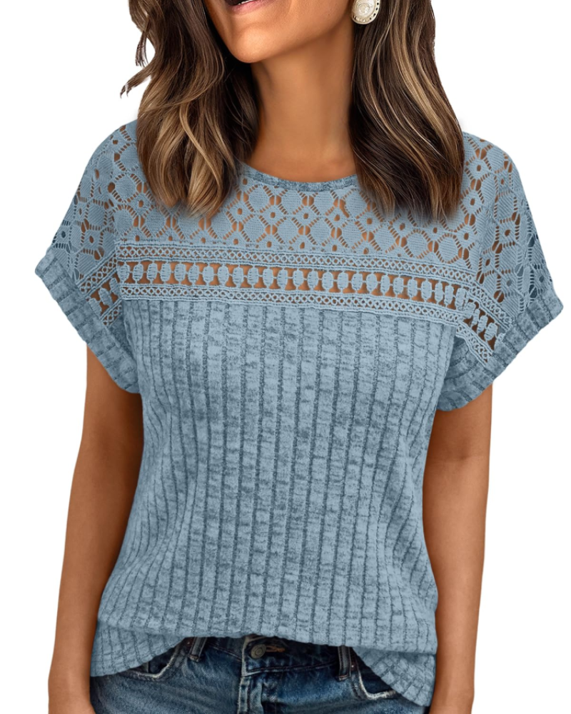 Elva Blusa Donna – Maniche Corte con Pizzo, Girocollo & Top Casual Elegante