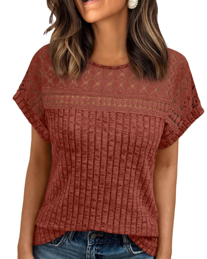 Elva Blusa Donna – Maniche Corte con Pizzo, Girocollo & Top Casual Elegante