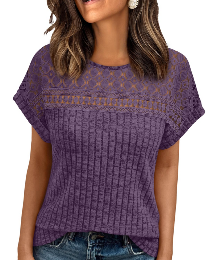 Elva Blusa Donna – Maniche Corte con Pizzo, Girocollo & Top Casual Elegante