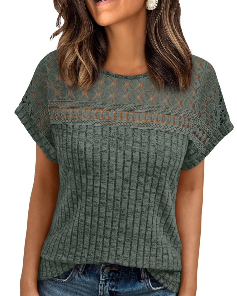 Elva Blusa Donna – Maniche Corte con Pizzo, Girocollo & Top Casual Elegante